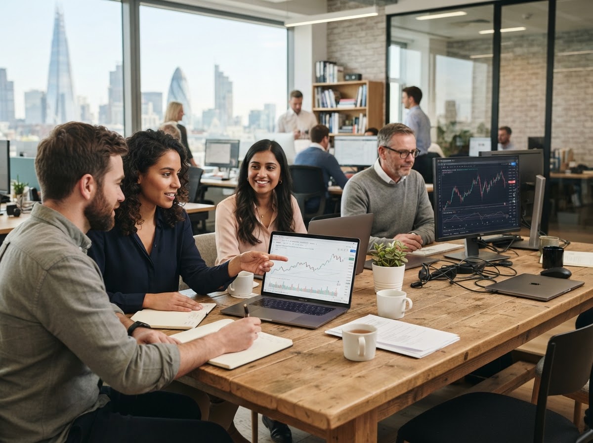 Trading Tools analyst reviewing automated portfolio recommendations on a laptop